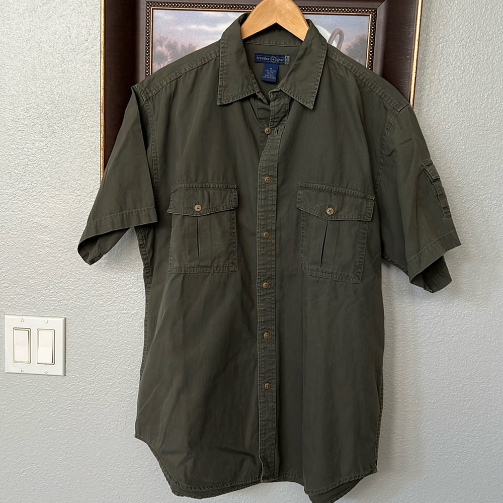 CHEROKEE Traveler Gear 90s Workwear Safari Utility S-Sleeves Shirt Green Men's M